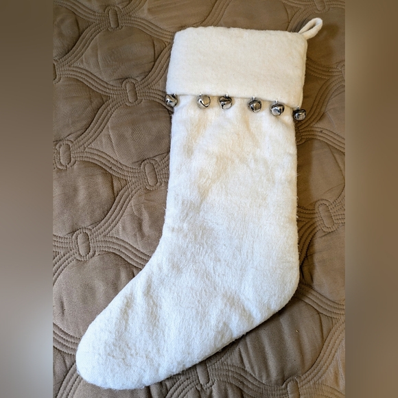 Pottery Barn White Christmas Stocking With Bells..  B564 - Picture 2 of 4
